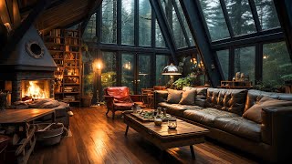 Rainy Day Serenity  Relaxing Jazz Music in a Cozy Forest Retreat  Fireplace Crackles amp Gentle Rain [upl. by Aida774]