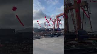 shipbuilding containership vessels shipyard Chemical tanker Newbuilt waiting for launching [upl. by Latsyc2]