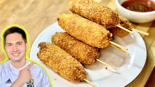 CHEESY CORN DOG RECIPE  CHEESE AND HOTDOG ON A STICK  HOW TO MAKE CORN DOG BY BECHOY VLOG [upl. by Nivri]