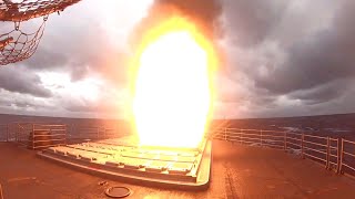 USS Antietam CG 54 Fires Standard Missile and Chaff [upl. by Mundford317]