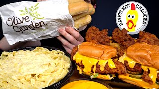 ASMR MUKBANG DAVES HOT CHICKEN BURGERS amp FRIES amp CREAMY ALFREDO PASTA  BREADSTICKS  WITH CHEESE [upl. by Nala731]