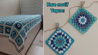 PART 1  Tığ işi motifli örgü battaniye yatak örtüsü modellerikare motif granyy squara [upl. by Baudin]