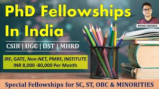 PhD Fellowships In India  DST UGC CSIR GATE MHRD PMRF Non NET PROJECT  by Monu Mishra [upl. by Ytinav]