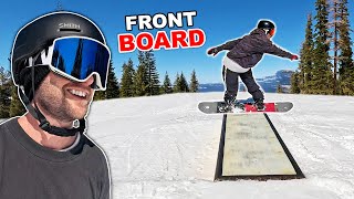 Teaching Friend How To Frontside Boardslide on a Snowboard [upl. by Ahsinot82]