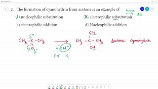 The formation of cyanohydrin from acetone is an example of a nucleophilic substitution [upl. by Galatea]