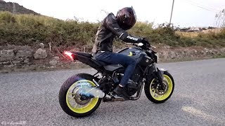 Yamaha MT07  SOUNDCHECK AND FLAMES  SC Project CRT Full Exhaust [upl. by Adlog]