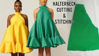 How To Cut And Sew Flare Gown With Flounce And Halter Neck Cutting And Stitching [upl. by Tegdirb108]