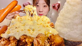 ASMR Corn Cheese Fried Chicken Sausage【Mukbang Eating Sounds】【English subtitles】 [upl. by Ynnattirb]