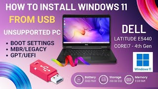 Install Windows 11 from USB on Unsupported PC LegacyMbr Dell Latitude E5440 Laptop Corei7 4thGen [upl. by Schug]