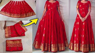 Anarkali dress cutting amp stitching easily   Convert saree into long gownfrockdress  Saree reuse [upl. by Amari]