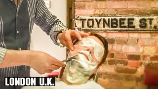 Turkish Barber Wet Shave with Threading and Hair Singeing  Jack The Clippers London UK [upl. by Ainitsirc941]