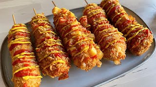 Korean Corn Dog Recipe Potatoes Breadcrumbs Ramen Cornflakes [upl. by Joao]