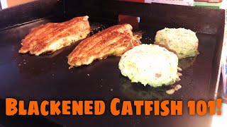 Blackened Catfish Recipe with Crab Cake and Seafood Alfredo Sauce Blackstone Griddle [upl. by Latrina]