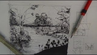 Pen amp Ink Drawing Tutorials  How to draw a river landscape scene [upl. by Peirce]