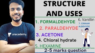 structure and uses  formaldehyde  paraldehyde  Acetone  chloral hydrate  hexamine  vanillin [upl. by Bobbie]