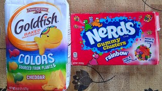 Goldfish Colors Nerds Rainbow Gummy Clusters Sandwich Crackers [upl. by Yelmene]