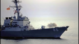 Navy Destroyer USS SHOUP fires the Mark 45 5inch naval gun [upl. by Aleemaj]