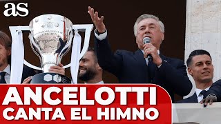 ANCELOTTI CANTA HIMNO REAL MADRID y pone PATAS ARRIBA a la AFICIÓN  Fiesta Cibeles [upl. by Stafford197]