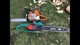 Motofierastrau Stihl MS 230 vs Fierastrau electric Bosch AKE 40 S [upl. by Annaillil]