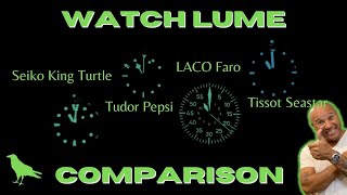 WATCH LUME COMPARISON Tudor Pepsi Tissot Seastar 1000 Seiko King Turtle Laco Faro AWESOME LUME [upl. by Elfrida]