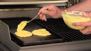 Webers Recipe of the Week  Grilled Shrimp and Griddled Corn Cakes [upl. by Jodee]