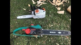 Fierastrau electric Bosch AKE 40 S vs Motofierastrau Stihl MS 193 TC [upl. by Darrelle]