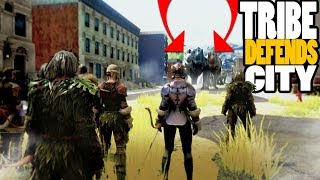 ARK Survival Evolved  GIANT TRIBE DEFENDS MODERN CITY FROM REX INVASION  Gameplay [upl. by Yrelav]