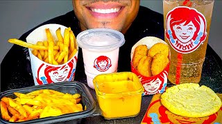 ASMR EATING WENDYS ICE CREAM PEPPERMINT FROSTY CHEESY CHEESE SAUCE FRIES CHICKEN NUGGETS JERRY [upl. by Shaikh477]